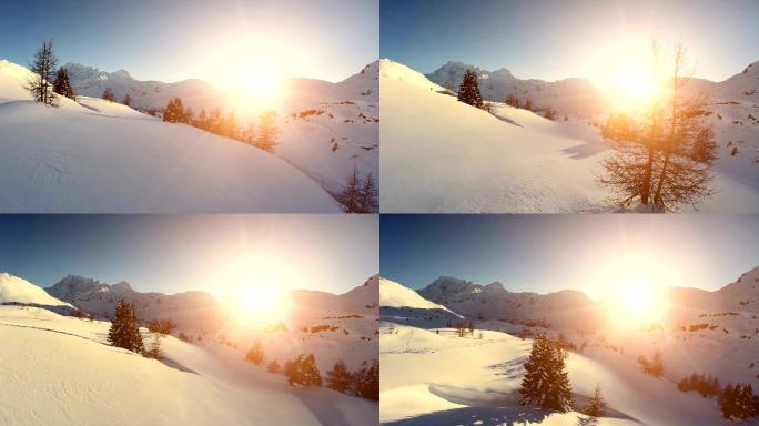 日落时雪山景观鸟瞰图