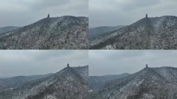 航拍襄阳古隆中风景区腾龙阁雪景雪山风光