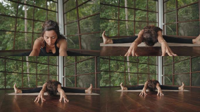 练习瑜伽的女人拉伸外国人老外形体