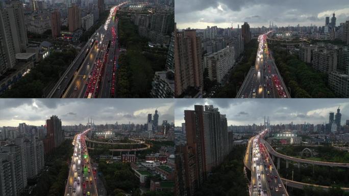 4K原素材-霞光中的上海南浦大桥浦东引桥
