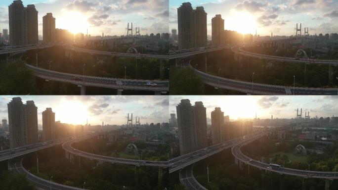 4K原素材-霞光中的上海南浦大桥浦东引桥