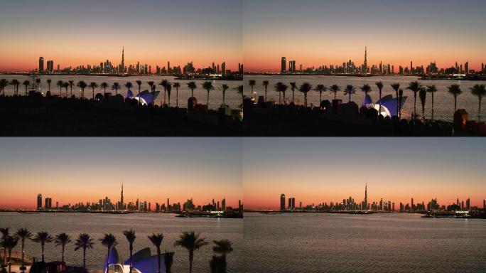 迪拜夜景鸟瞰图。西亚国家首都航拍
