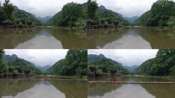 远景航拍古装美女从桥上走过