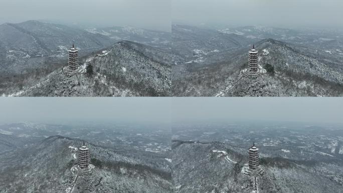 航拍襄阳古隆中风景区腾龙阁雪景雪山风光