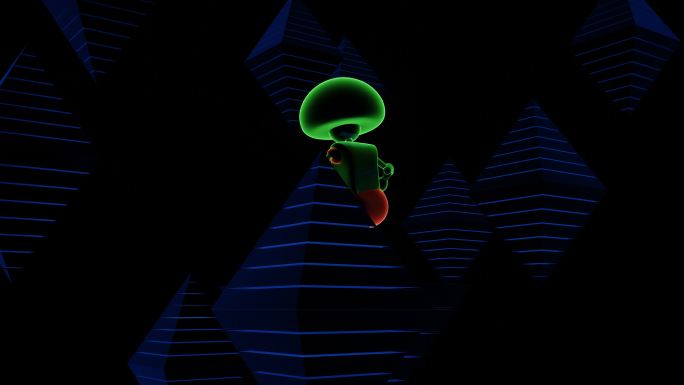 在闪闪发光的金字塔上跳舞的绿色机器人。