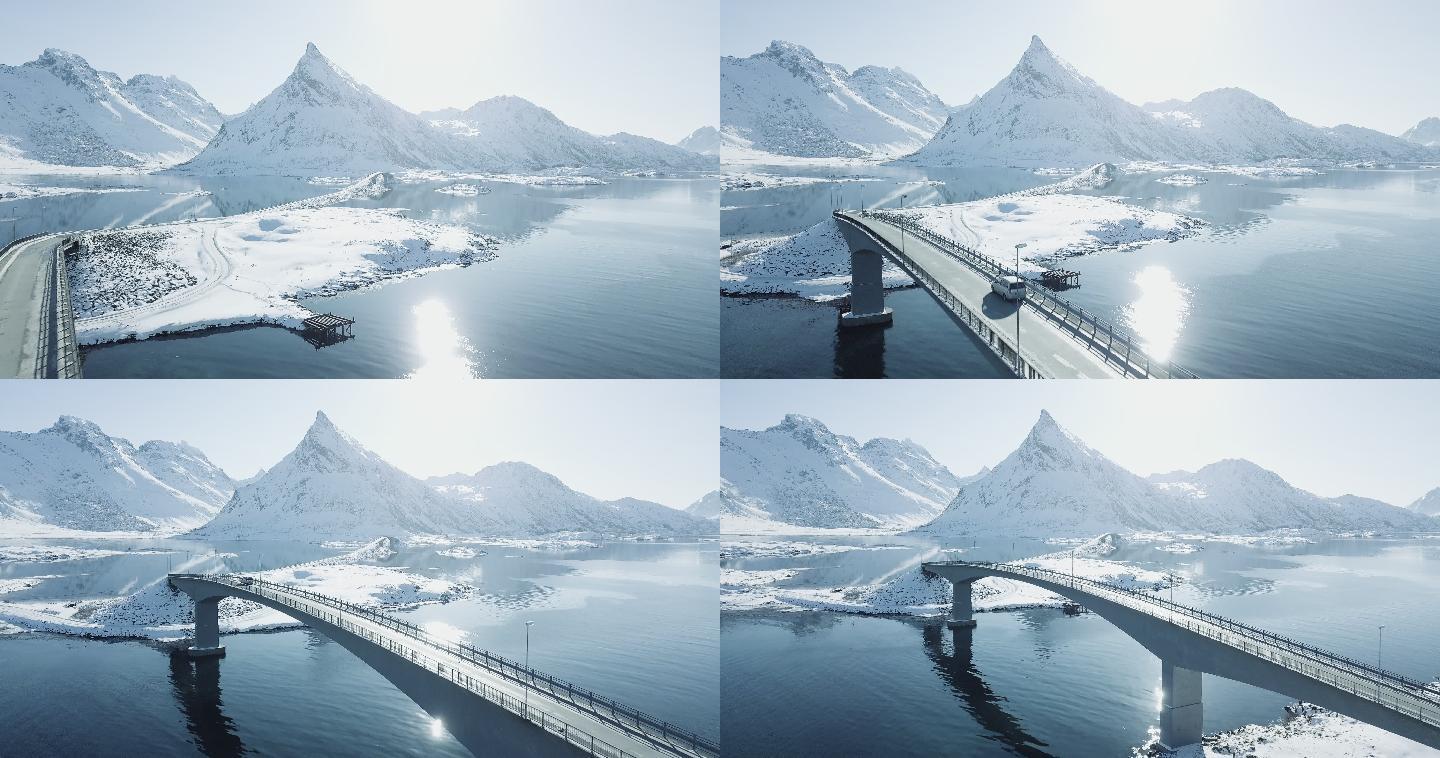 罗弗敦群岛冬季风景，汽车经过一座桥