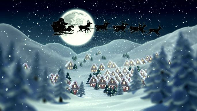圣诞老人飞过可爱的雪村