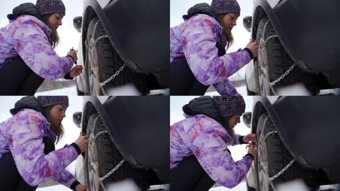 汽车轮胎链冬季雪花下雪雾凇风景