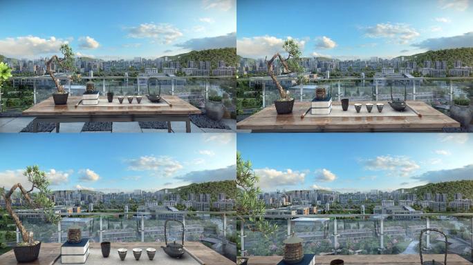 三维 建筑动画 阳台 看景 中式 景观