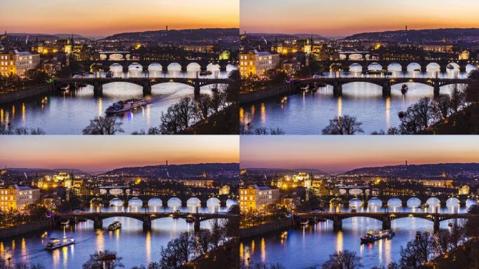 日落时布拉格的天际线和桥