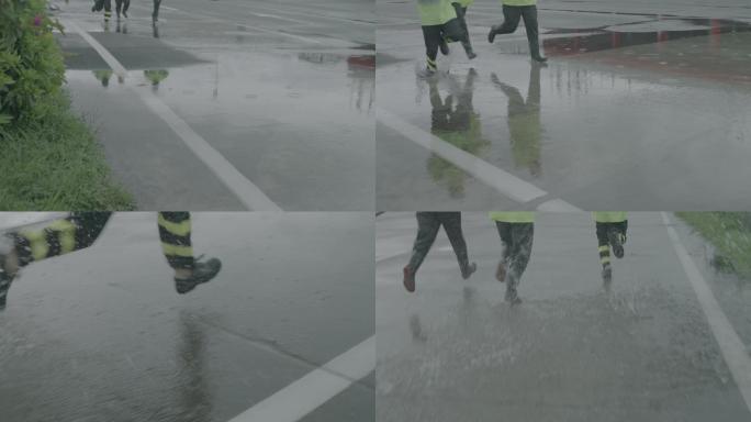 雨中奔跑的施工人员