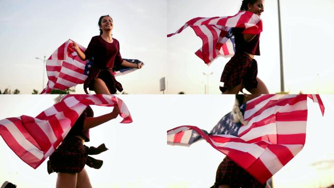 举着美国国旗在镜头前奔跑