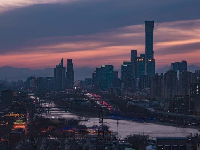 北京cbd建筑通惠河俯瞰夜景日转夜延时