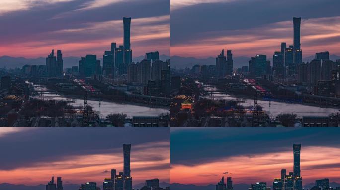 北京cbd建筑通惠河俯瞰夜景日转夜延时