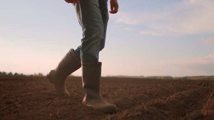 农夫穿着橡胶靴走在他刚播种的田地上