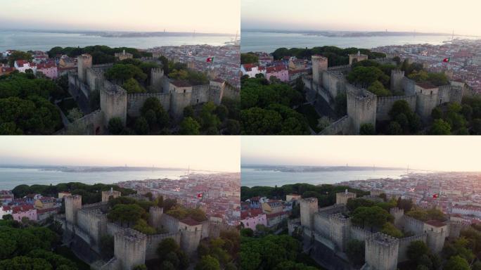 日落时分里斯本古城的空中镜头