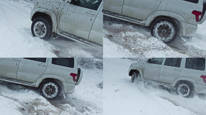 打滑的汽车冬天积雪雪地路面公路轮胎