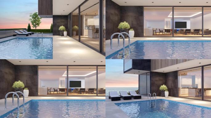 带游泳池的现代豪华别墅。