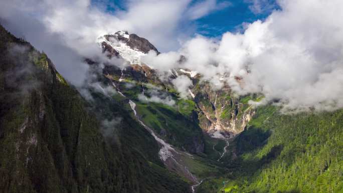 藏区雪山原始森林云雾溪流