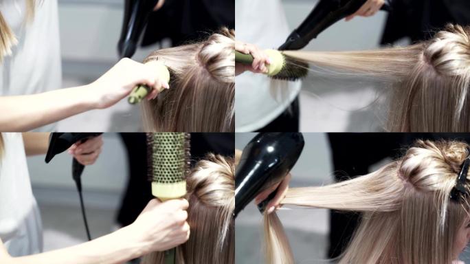 美发师用吹风机和圆梳吹干金发女人的长发