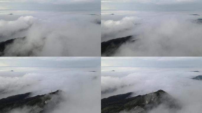高山云海雨雾缭绕气象信号铁塔亭子航拍延时