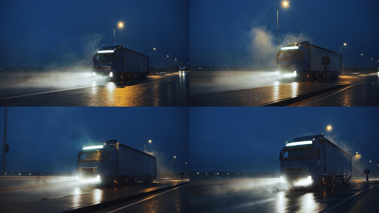 半挂车满载货物夜间在高速公路上行驶