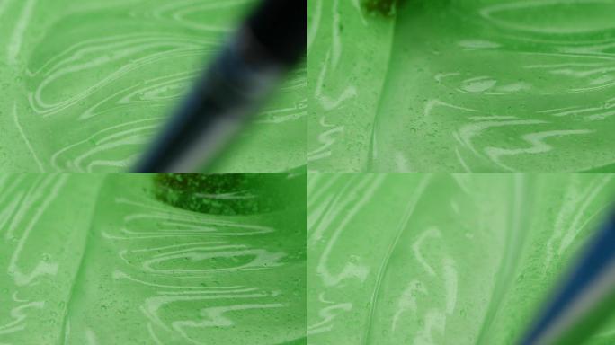 特写绿色芦荟凝胶液体流动提取植物
