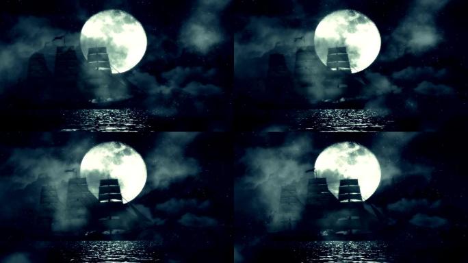 一艘帆船在月圆之夜缓慢航行