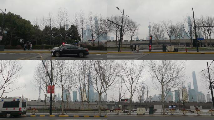 白天上海外滩车左空镜