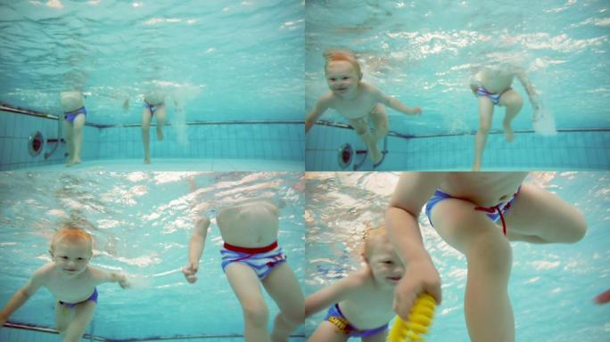 双胞胎游泳池游泳戏水暑假玩闹游戏嬉戏