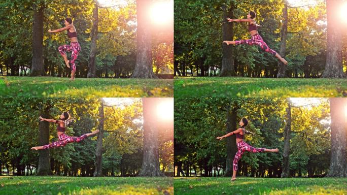 年轻女子在阳光公园做跳跃劈叉