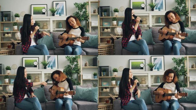 两个女士在家里一起玩吉他