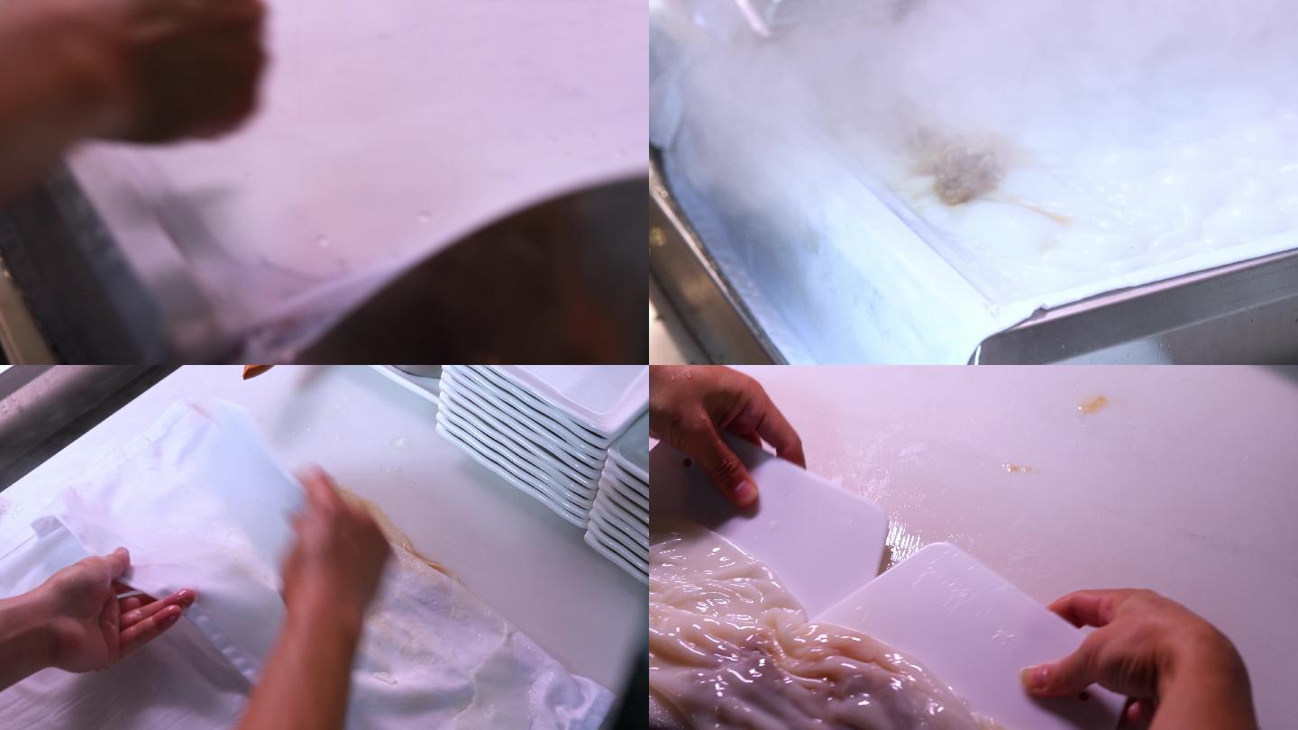 广东肠粉店的厨房里厨师在制作肠粉