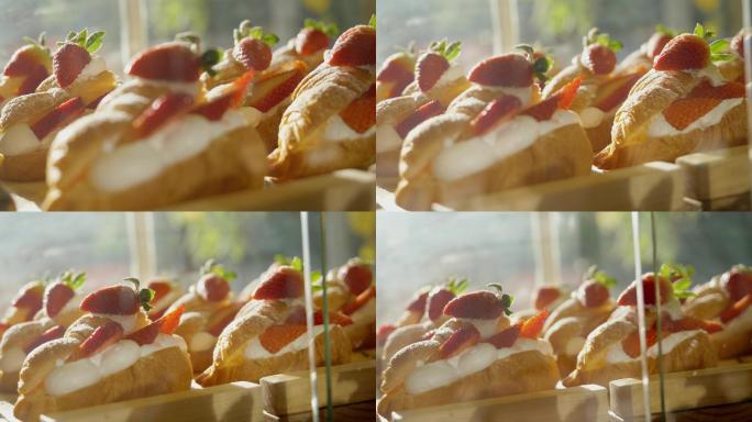 草莓奶油奶烤面包美食美味淡奶陈列实拍视频