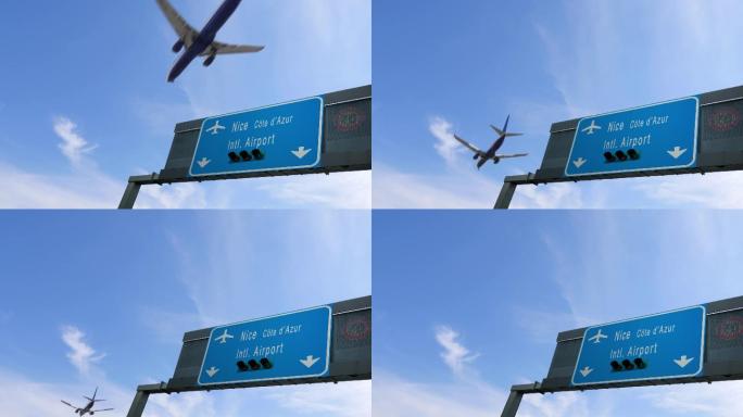 经过尼斯机场标志的飞机