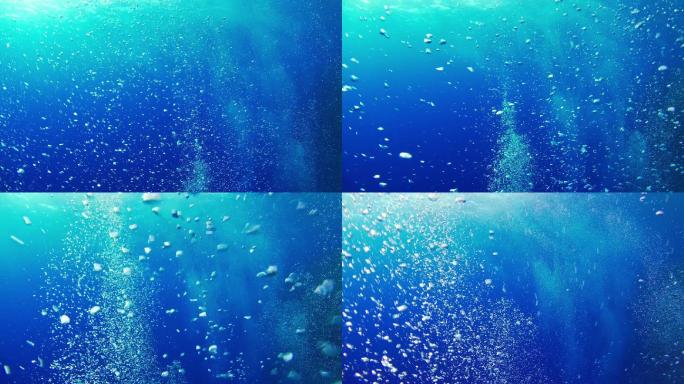 蓝色水中的气泡水底氧气大海深处实拍视频
