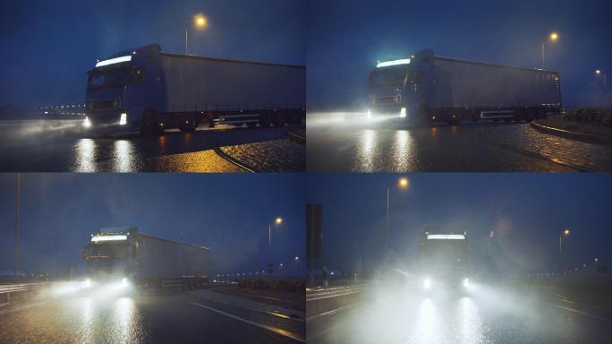 满载货物的卡车物流快递货车雨夜
