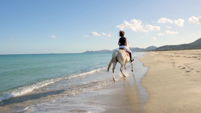 海滩上骑马的女子海边奔跑马旅行风光背影度