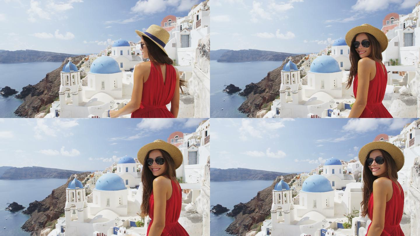 快乐年轻旅游女孩希腊白房子旅行