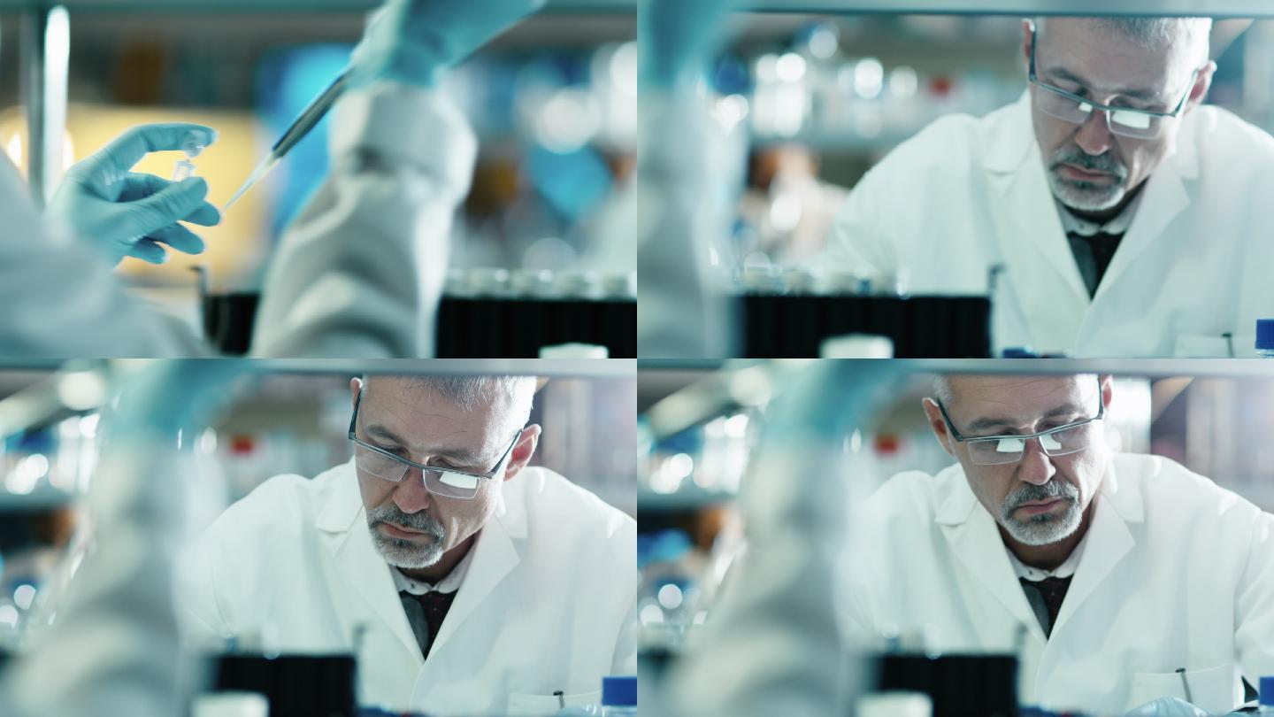 科学家在实验室使用微量移液管