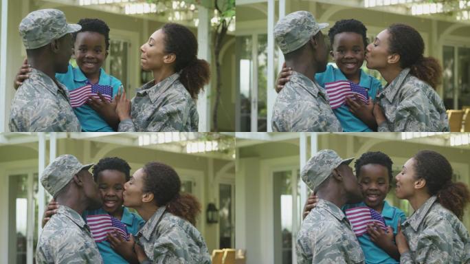 士兵夫妇和儿子黑人温馨母爱