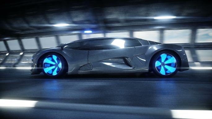 科幻隧道里的未来派汽车快速行驶