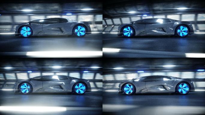 科幻隧道里的未来派汽车快速行驶