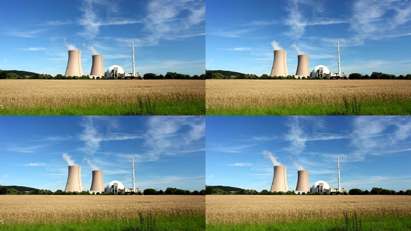 麦田里的核电站航拍烟囱环保工厂全球变暖工