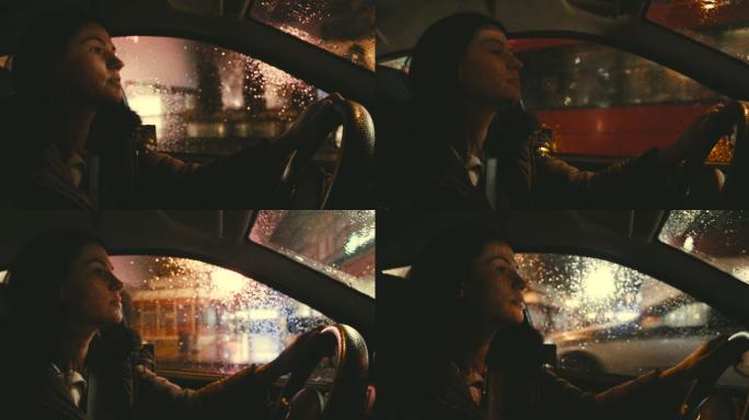 雨天晚上开车的女人