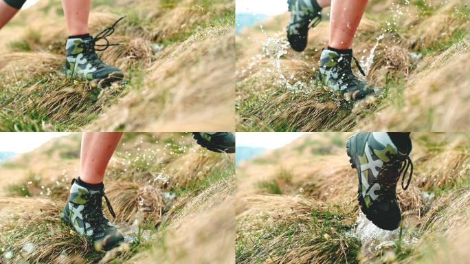 穿着登山靴的女人在潮湿的草地上奔跑