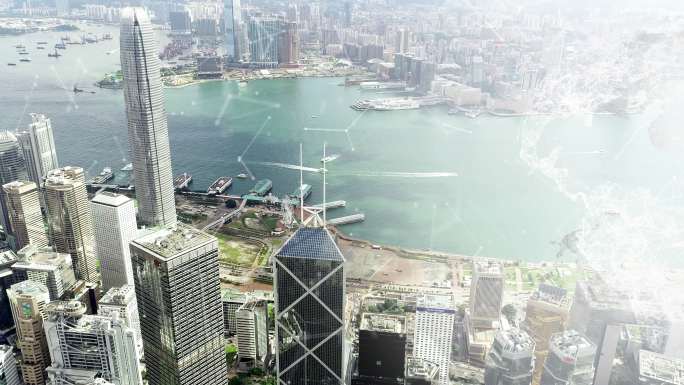 旋转世界网络连接。香港城市背景。