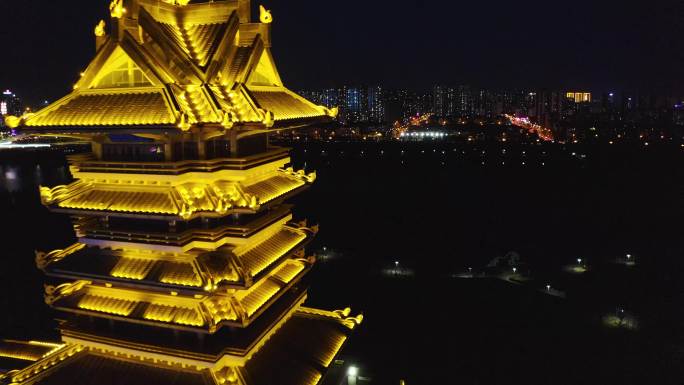 4K正版山东临沂市书圣阁夜景航拍