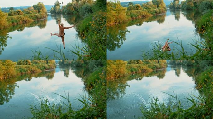 一位中年女性用秋千跳进河里