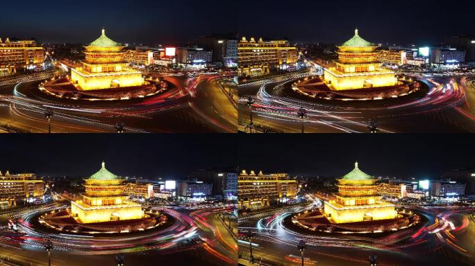 钟楼转盘夜景车流光流延时4K